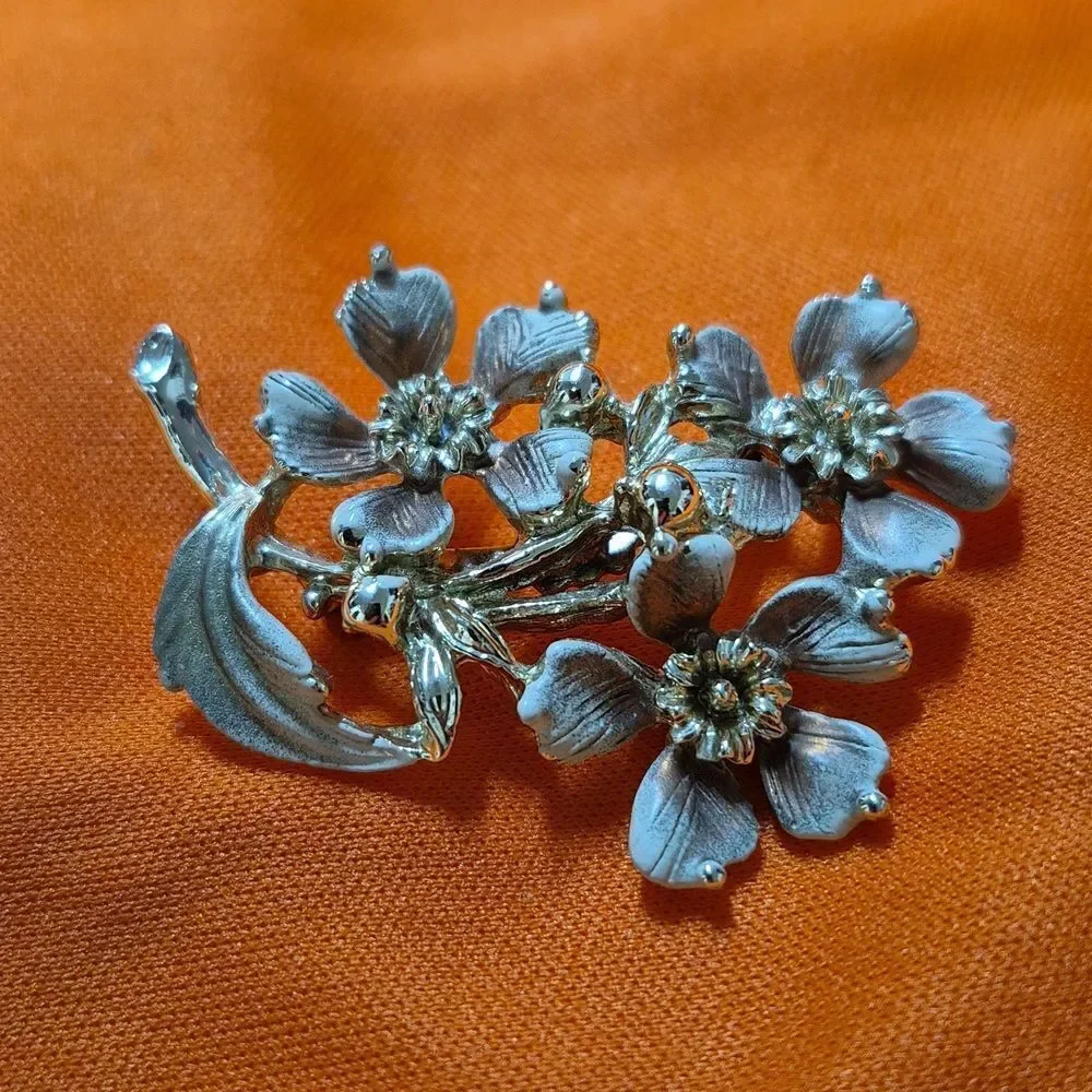 Vintage Silver and Gold Metal Floral Spray Pin Broach